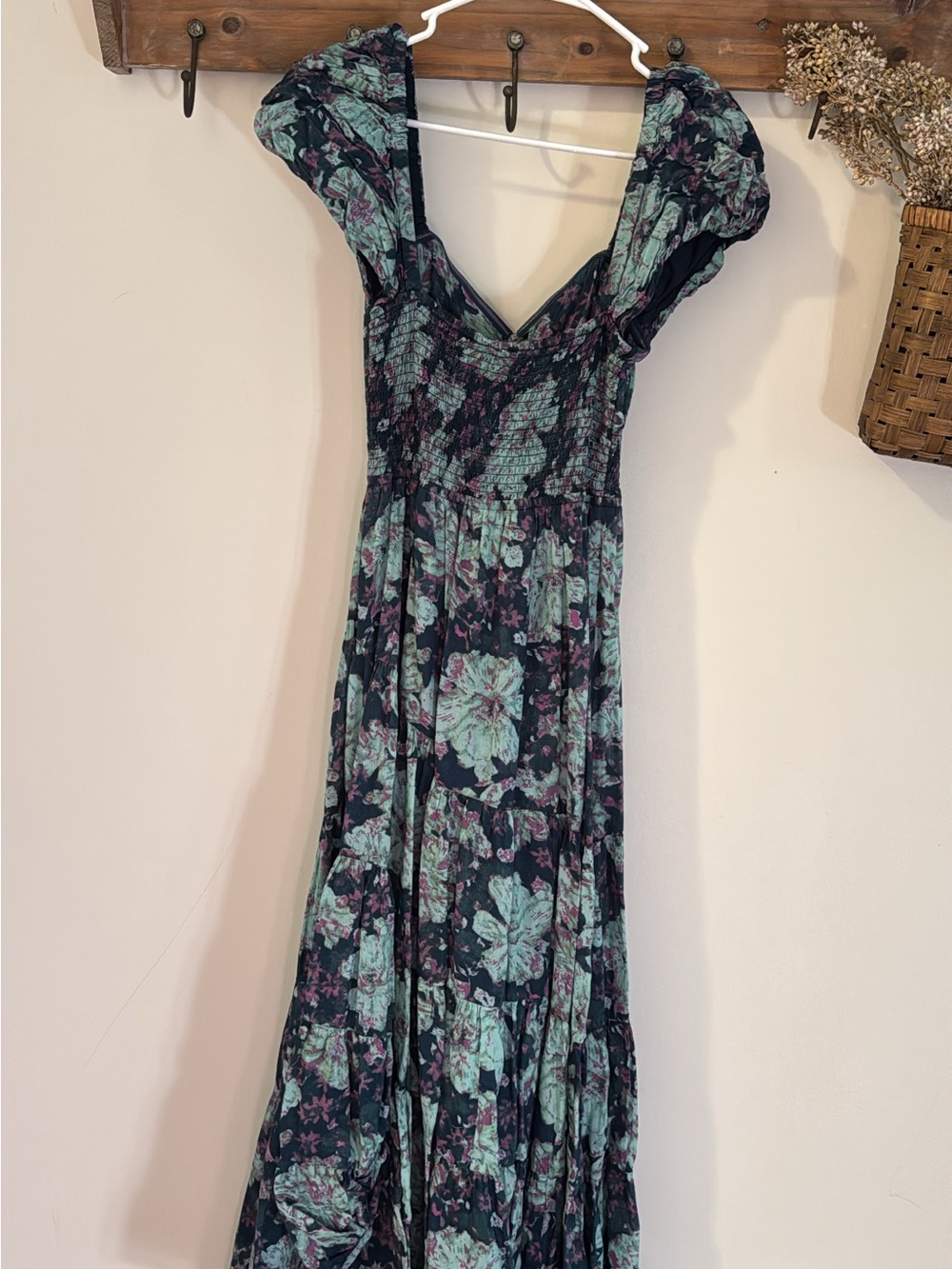 Free People Black Maxi Dress with Mint Green & Pink Floral Print